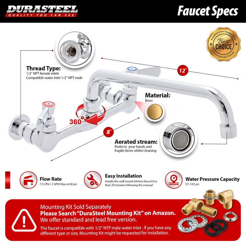 DuraSteel Kitchen Sink Faucet Wall Mount - DuraSteel 8" Center Commercial Kitchen Sink Faucet with 12" Swivel Spout - Dual Lever Handles - Brass Constructed & Chrome Polished - Image 5
